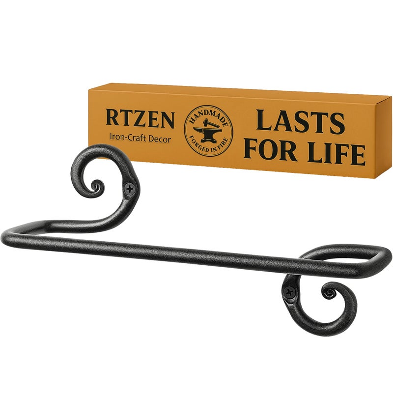 RTZEN Matte Black Hand Towel Holder for Bathroom - Handcrafted Farmhouse Wrought Iron Metal Kitchen Bar - Small Hand Towel Bar Hanger for Home or Office - Wall Mounted Rack Fits 10" Towels - Image 1